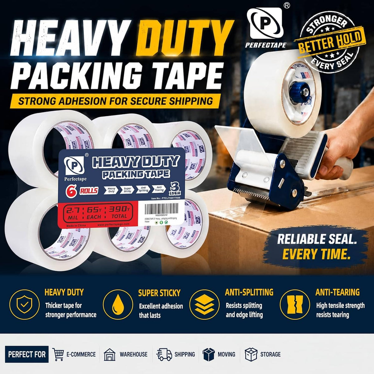 PERFECTAPE 3" Heavy Duty Packing Tape 6 Rolls, Total 390Y, Clear, 2.7 mil, 3 inch x 65 Yards, Ultra Strong, Refill for Packaging and Shipping(3" Width, not 2" Width)