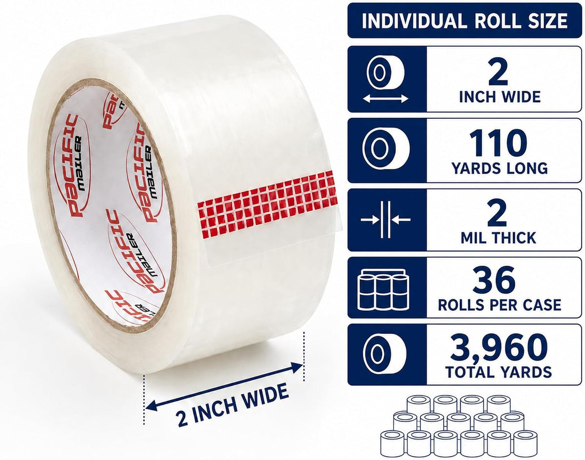 Pacific Mailer Clear Packing Tape, 2" x 110 Yards, 2.0 Mil Thick, 36 Packs