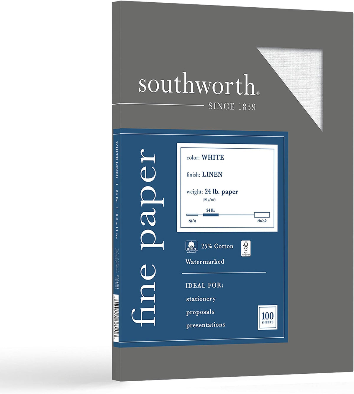 Southworth 25% Cotton Business Paper, 8.5” x 11", 24 lb/90 gsm, Linen Finish, White, 100 Sheets - Packaging May Vary (P554CK)