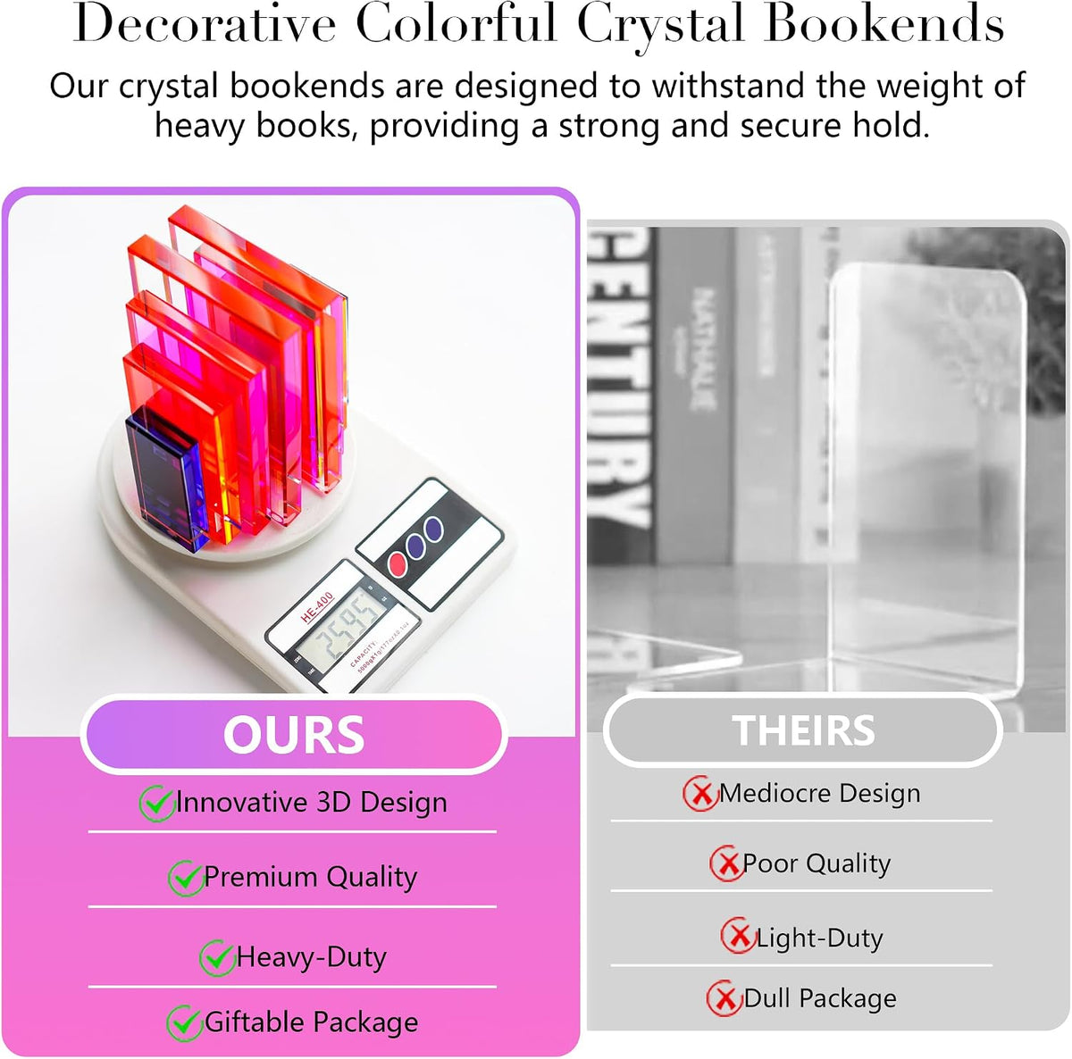 6Lbs Crystal Geometric Bookends Non-Skid Sturdy Shelf Decor