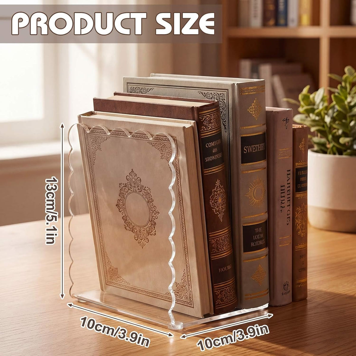 4 Pcs Scalloped Acrylic Bookends Clear Book Ends for Shelve Transparent Bookend Organizer Decorative Non Slip Book Holders for School Library Office Cd File Video Games