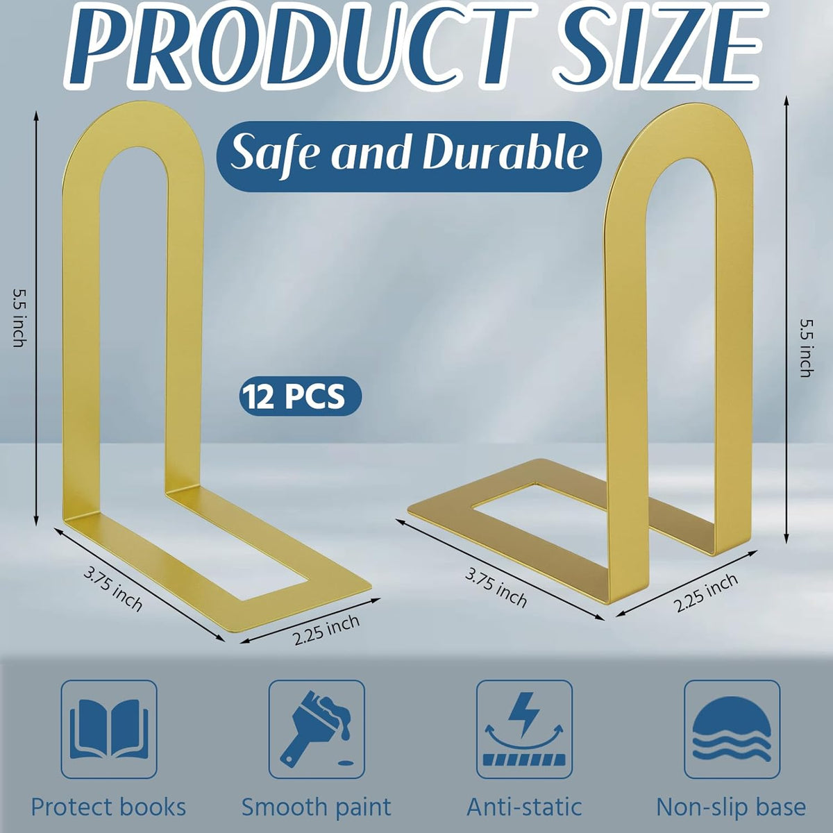 Chunful 12 Pcs Gold Metal BookEnds Shelves, 5.5 x 3.75 x 2.25 in