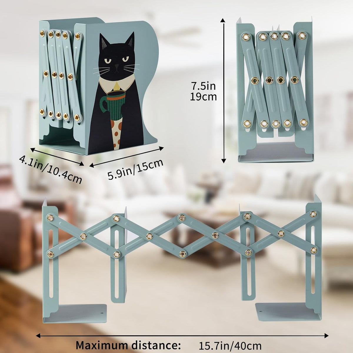 Cat Bookends, Adjustable Metal Book Ends for Shelves Decorative Gift