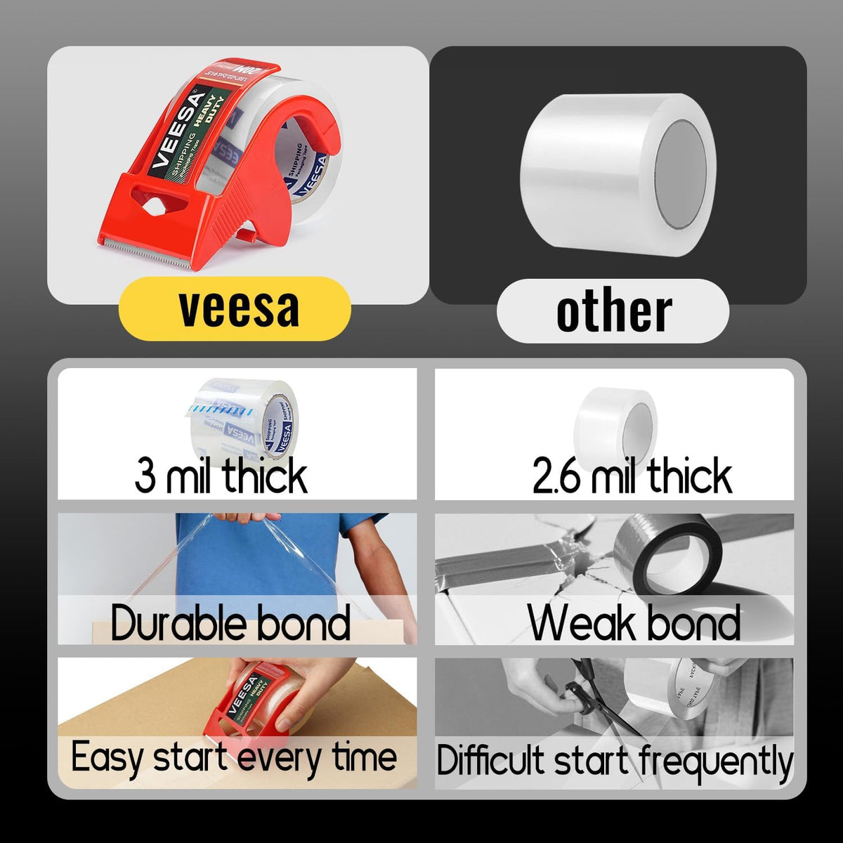 VEESA Packing Tape with Dispensers, 12 Rolls, 1.88" x 22.2 Yds