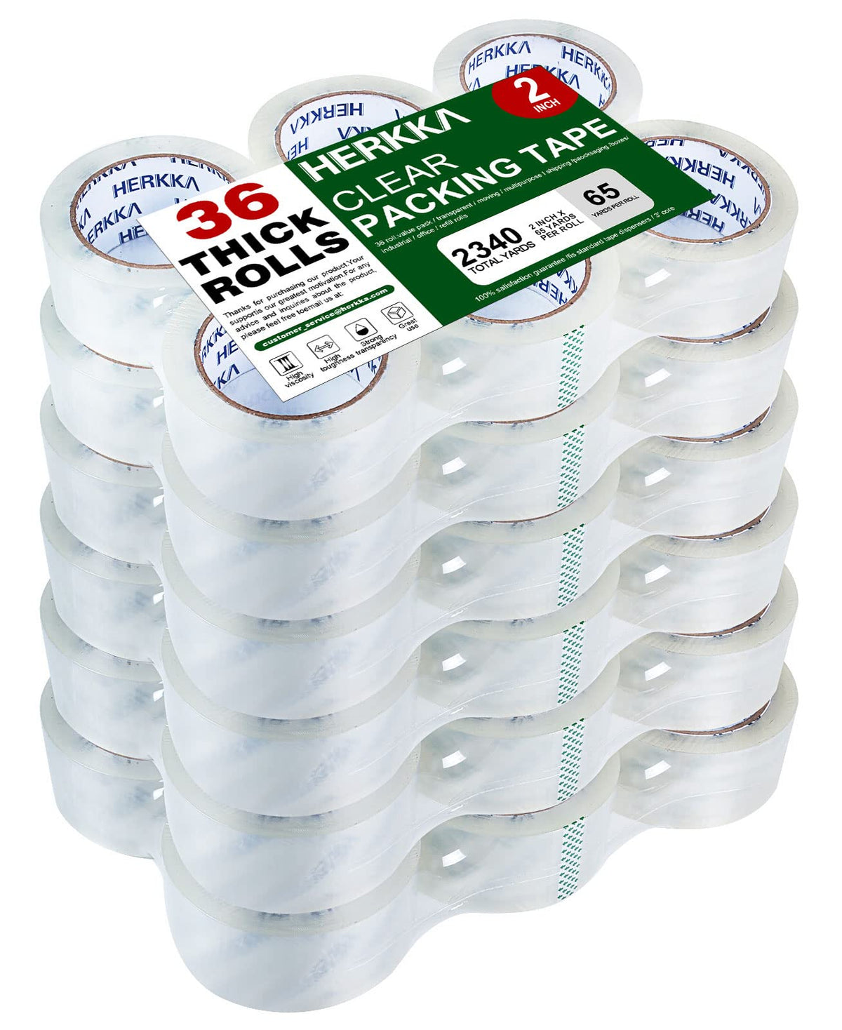 HERKKA Clear Packing Tape, 36 Rolls Heavy Duty Packaging Tape for Shipping Packaging Moving Sealing, Thicker Clear Packing Tape, 1.88 inches Wide, 65 Yards Per Roll, 2340 Total Yards