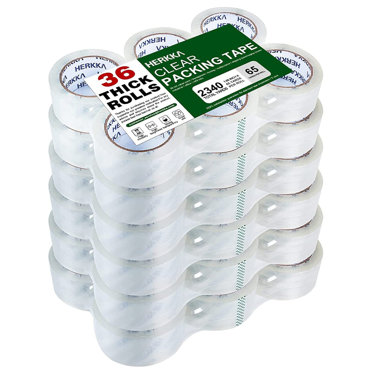 HERKKA Clear Packing Tape, 36 Rolls Heavy Duty Packaging Tape for Shipping Packaging Moving Sealing, Thicker Clear Packing Tape, 1.88 inches Wide, 65 Yards Per Roll, 2340 Total Yards
