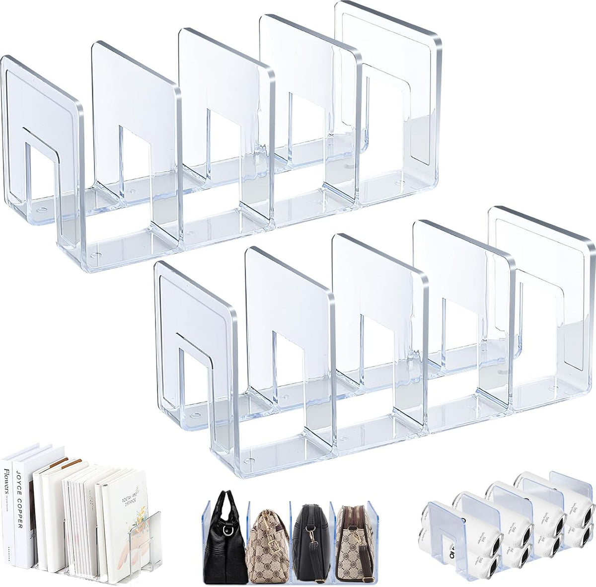 Clear Acrylic Magazine Holder, Desktop File Organizer Thick File Sorter Book Holder for Bottle Tray, Kitchen Lid Organizer, Small Handbag Clutch Bag Divider, Purse Stand Rack (2 Pack)
