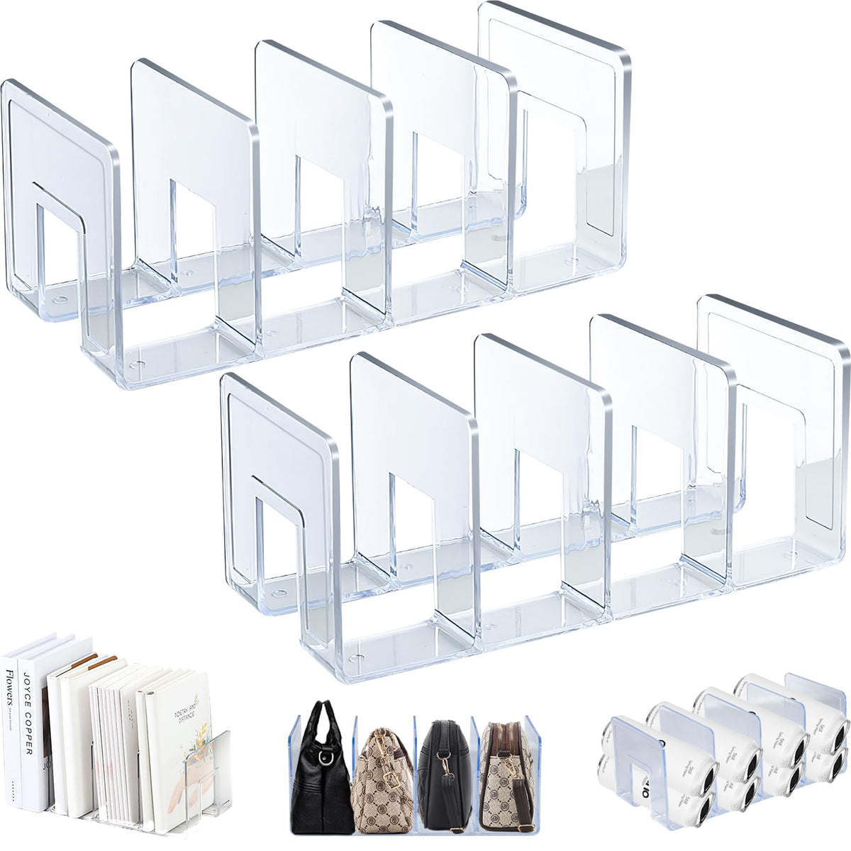 Clear Acrylic Magazine Holder, Desktop File Organizer Thick File Sorter Book Holder for Bottle Tray, Kitchen Lid Organizer, Small Handbag Clutch Bag Divider, Purse Stand Rack (2 Pack)