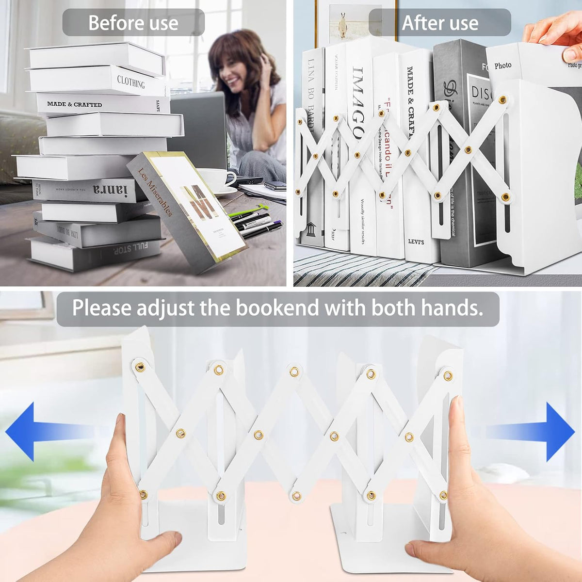 Non Skid Book Ends to Hold Books, Carooyac Heavy Duty Bookends Adjustable Book End, Metal Bookends for Shelves, White Book Holders Organizer for Bookshelf Desk - Extends up to 19"