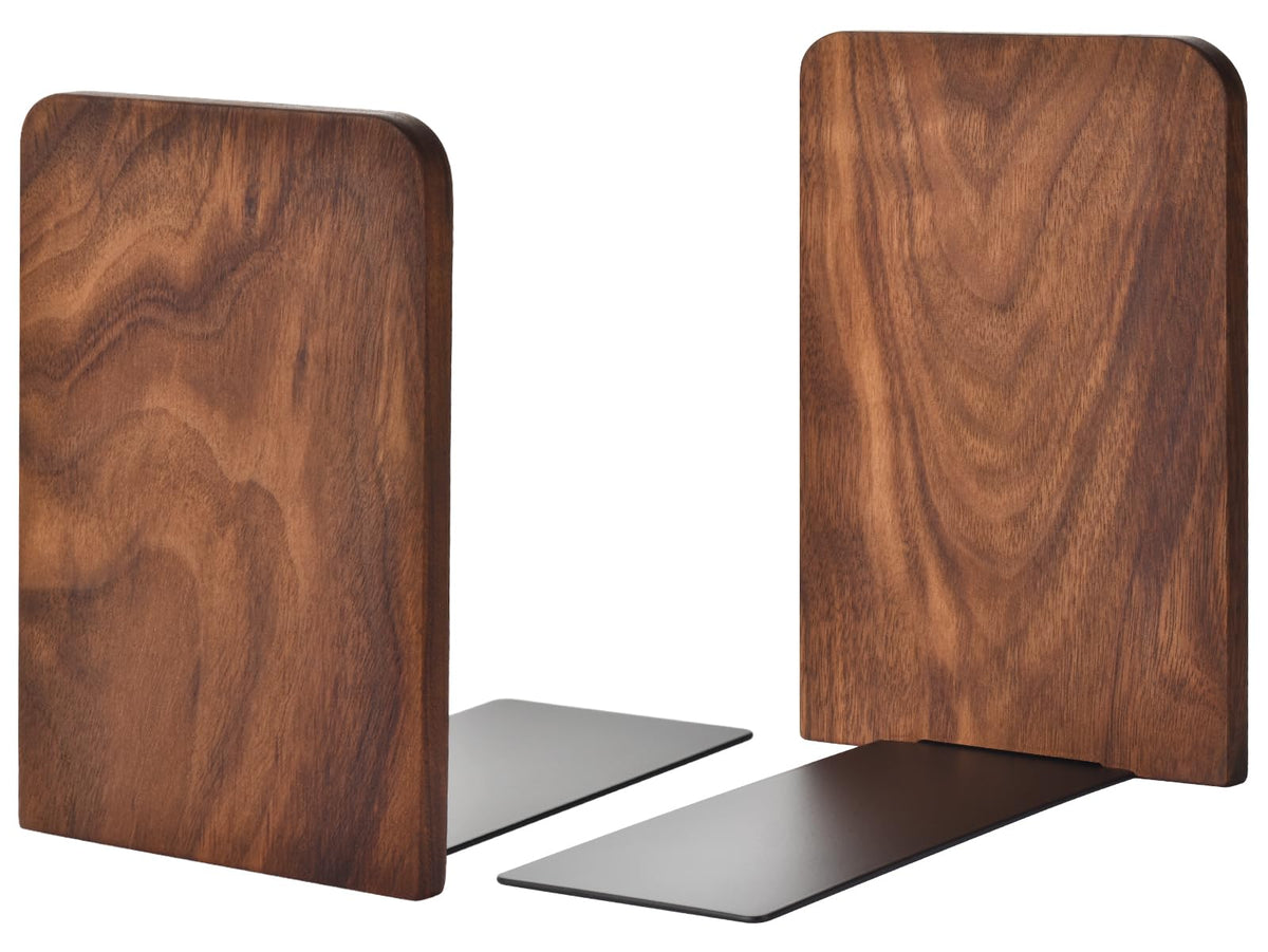 Book Ends, Black Walnut Wooden Bookends for Shelves - Heavy Duty Non-Slip Book Organizers, Upgraded Decorative Bookend Holders for Home, Kitchen, Office, Set of 2, Small