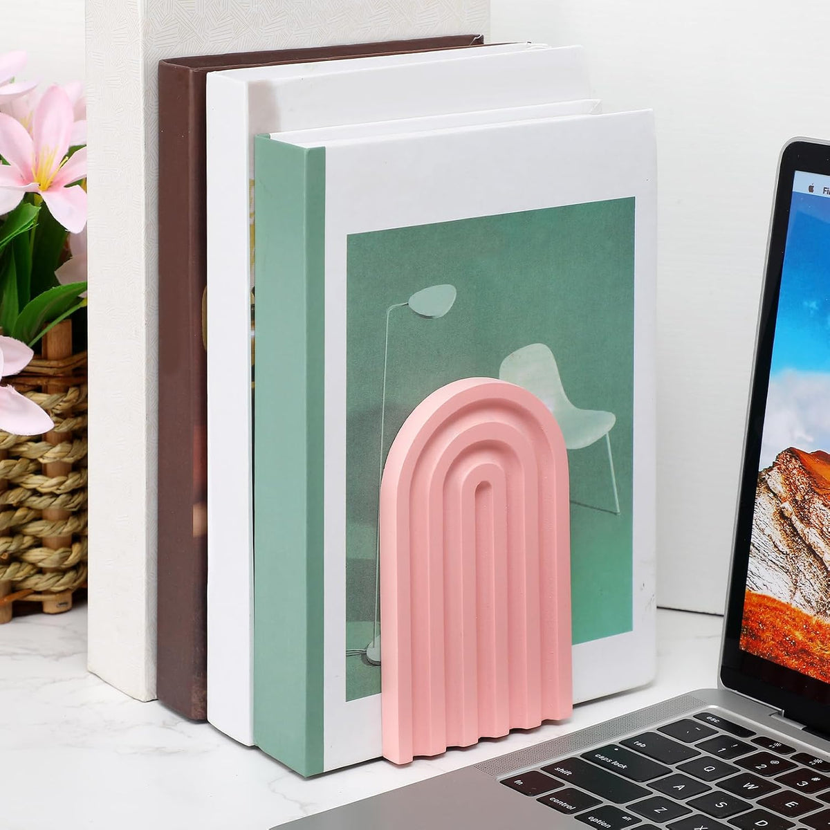 Harloon 4 Pcs Boho Arch Bookends Rainbow Wooden Book Ends, Pastel Color