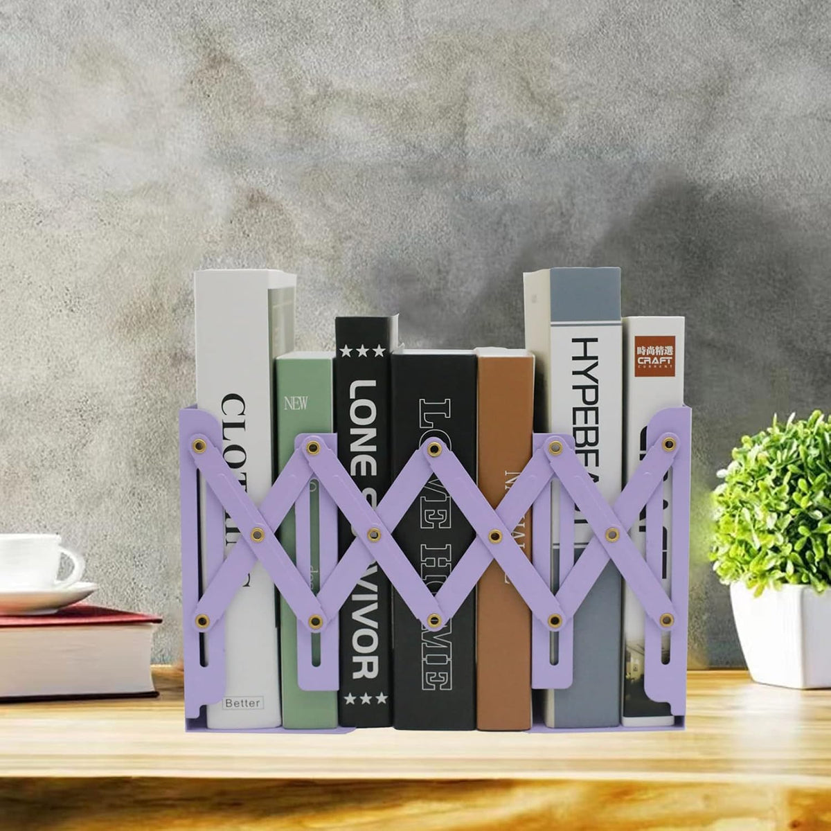 Adjustable Metal Bookends Heavy Duty for Shelves, 2 Dividers, Anti-Slip Design Expandable Book Ends for Desk, Office(Purple, 19 inches Max)