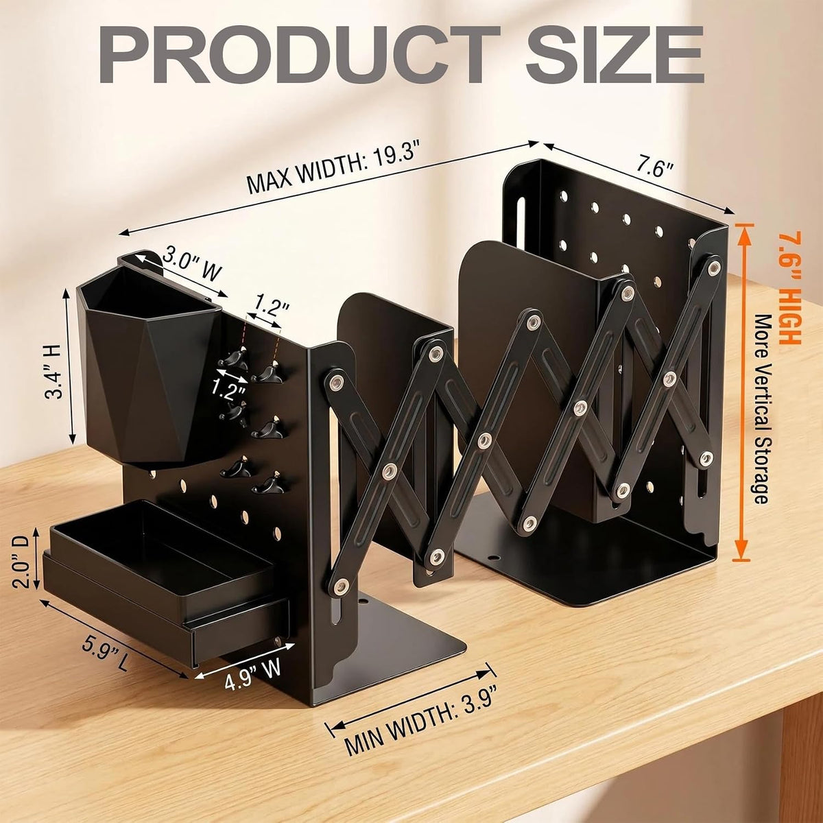Heavy Duty Expandable Bookends with Pen Holder, Metal Adjustable Book Ends for Shelves 4 to 18 Inches, Multi-Functional Desk Organizer with Pegboard, Hooks, and Drawer Storage for Office, School
