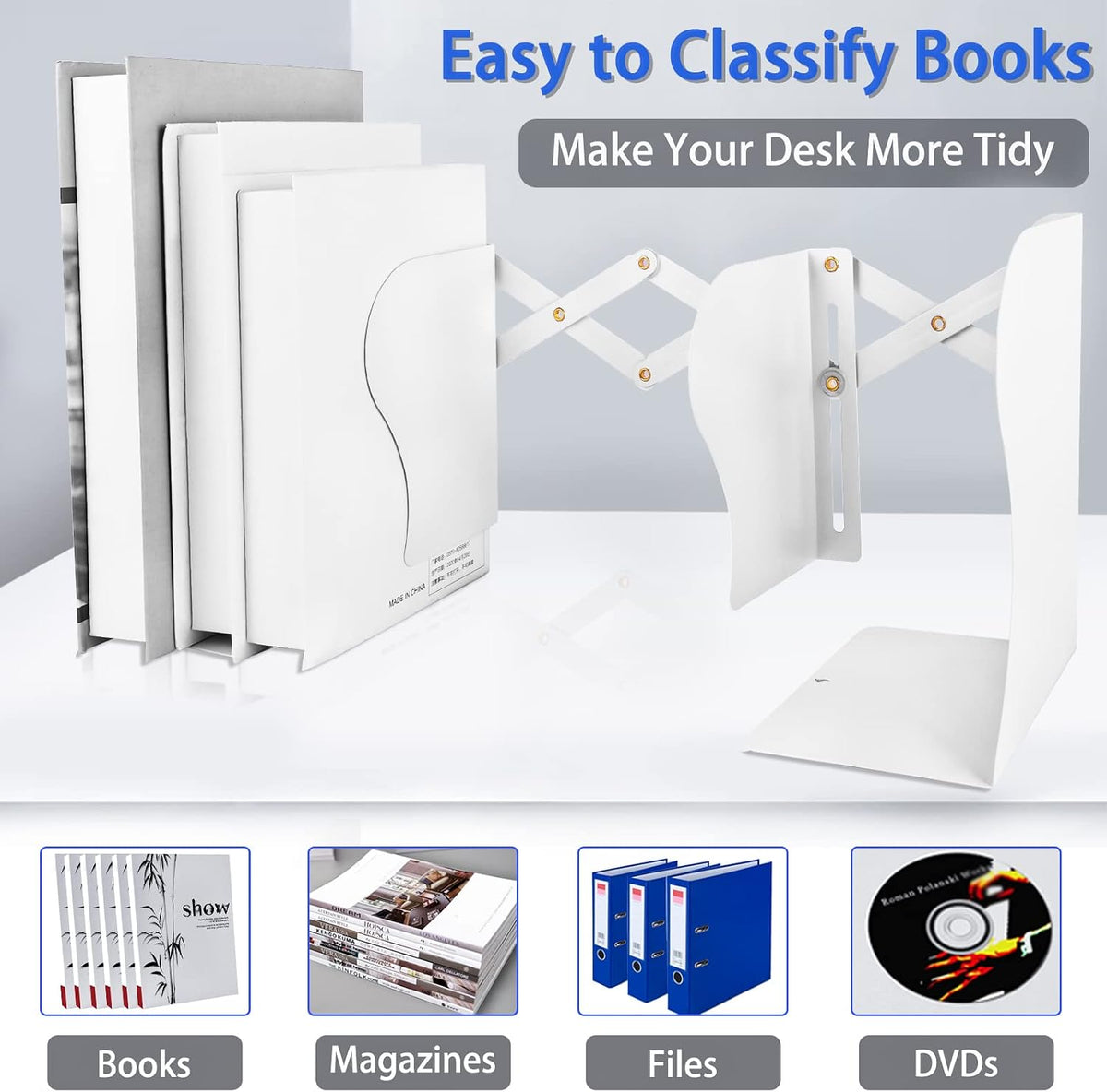 Non Skid Book Ends to Hold Books, Carooyac Heavy Duty Bookends Adjustable Book End, Metal Bookends for Shelves, White Book Holders Organizer for Bookshelf Desk - Extends up to 19"