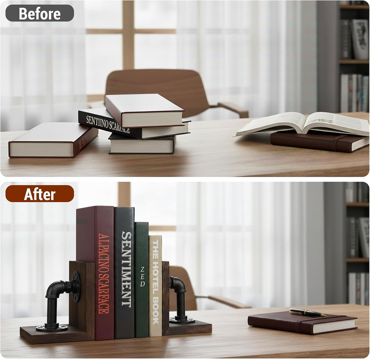 MyGift Burnt Wood Bookends with Metal Industrial Pipe Design, 2 Piece Set