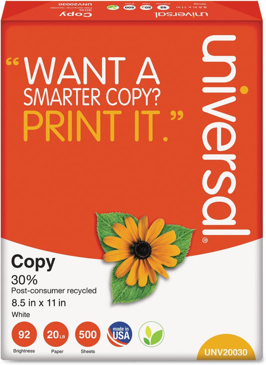 30% Recycled Copy Paper, 92 Brightness, 20lb, 8 1/2 x 11, White, 5000/Carton
