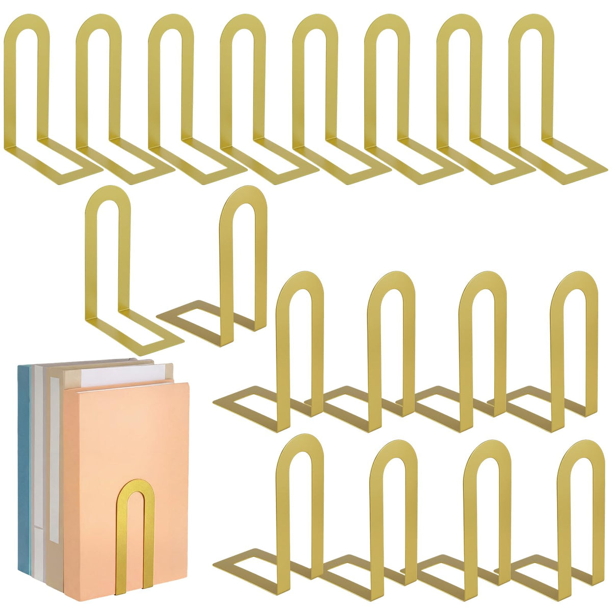 Chunful 12 Pcs Gold Metal BookEnds Shelves, 5.5 x 3.75 x 2.25 in