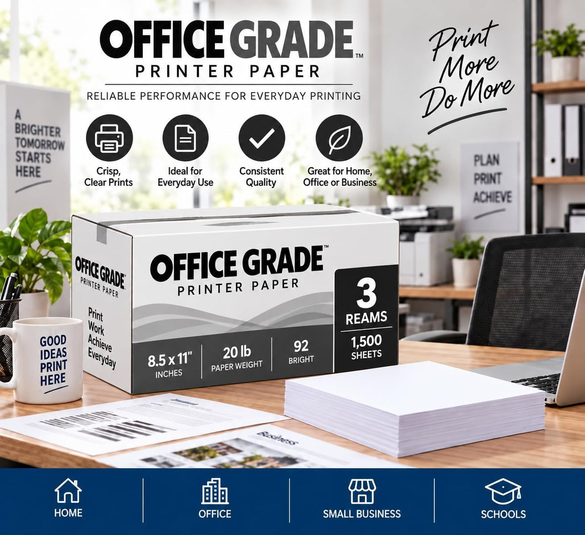 Printer Paper Office Grade 8.5 x 11 | 20 lb Copy Paper | 92 Bright | 3 Reams | 1,500 Sheets