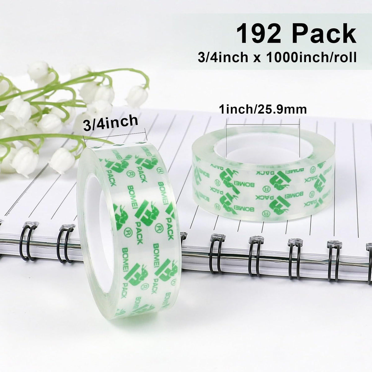BOMEI PACK 192Rolls Crystal Clear Tape Refills for Dispenser, Bulk Office Transparent Tape for Home and School, 3/4Inch x 1000 inch
