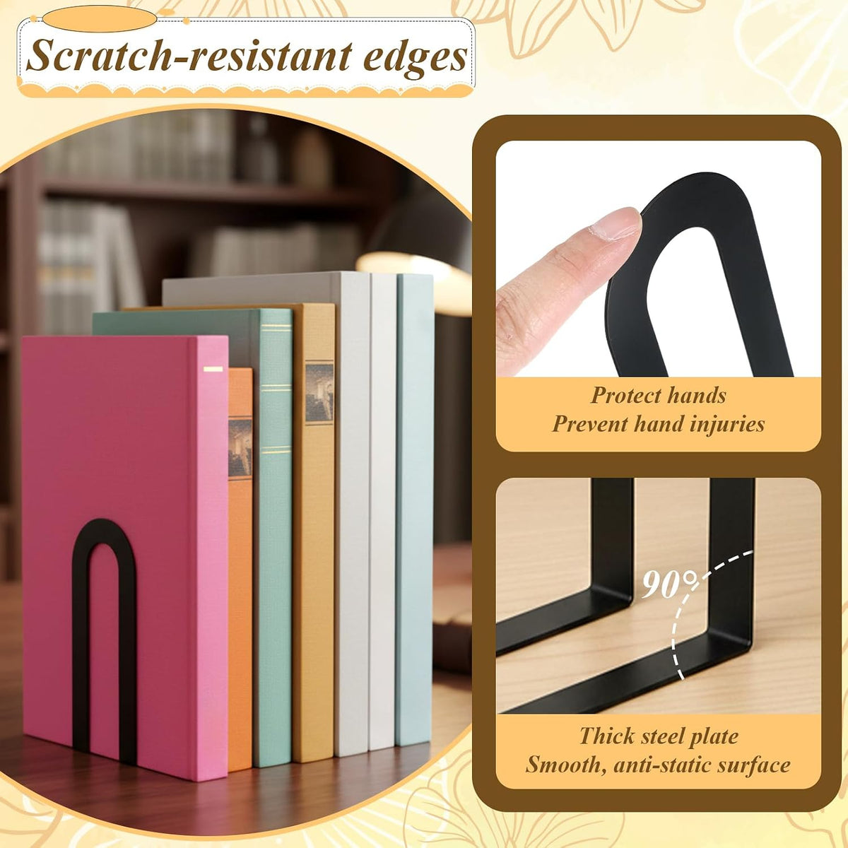 12 Pcs Black Book Ends, Heavy Duty Metal Book Ends for Shelves