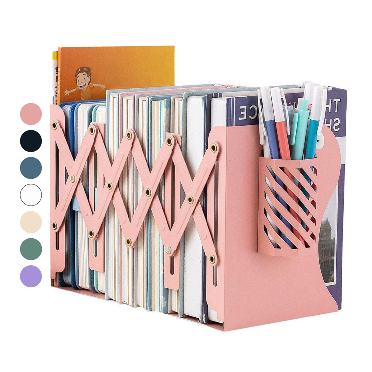 Kingsmile Book Ends, Adjustable Heavy Duty Metal Book Stoppers with Pen Holder for Desk Office Library Kids Room(Black)