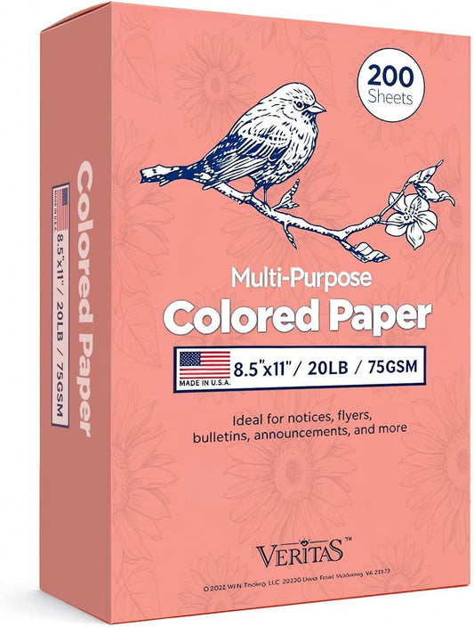 WritePads Veritas Colored Copy Paper, Multi-Purpose paper, Colored Printer Paper 8.5” x 11”, 20 lb / 75 GSM,Salmon,200 Sheets (1 Reams)，Made in USA