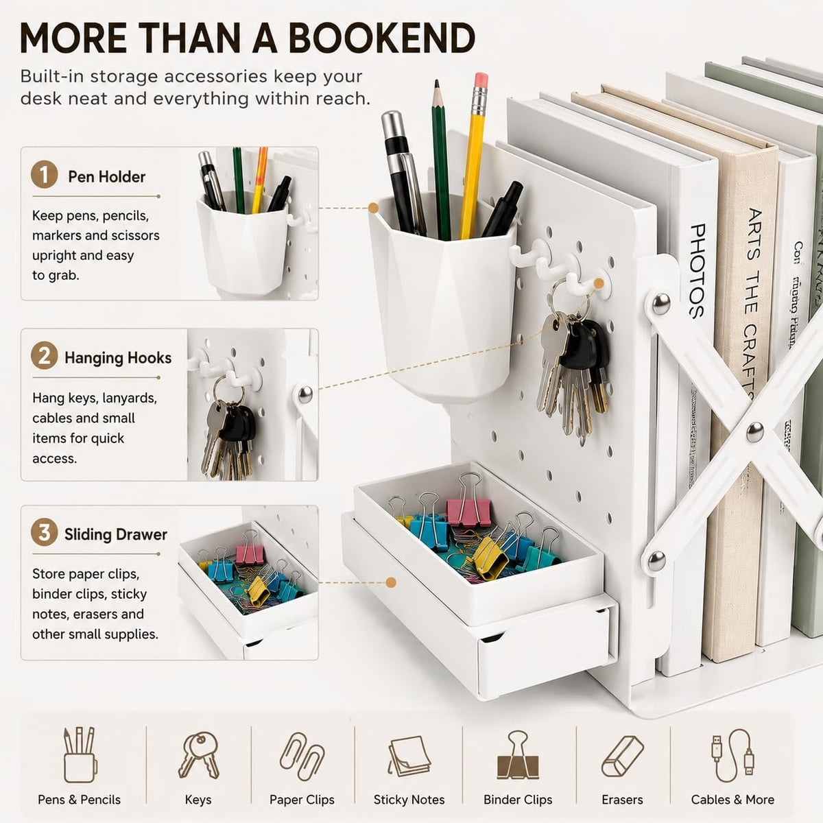 Expandable Metal Bookends Desk Organizer with Pen Holder, Sliding Drawer and Hooks, Adjustable Book End Shelf for Books, Binders, Files, Office, Classroom, Home Desk, White