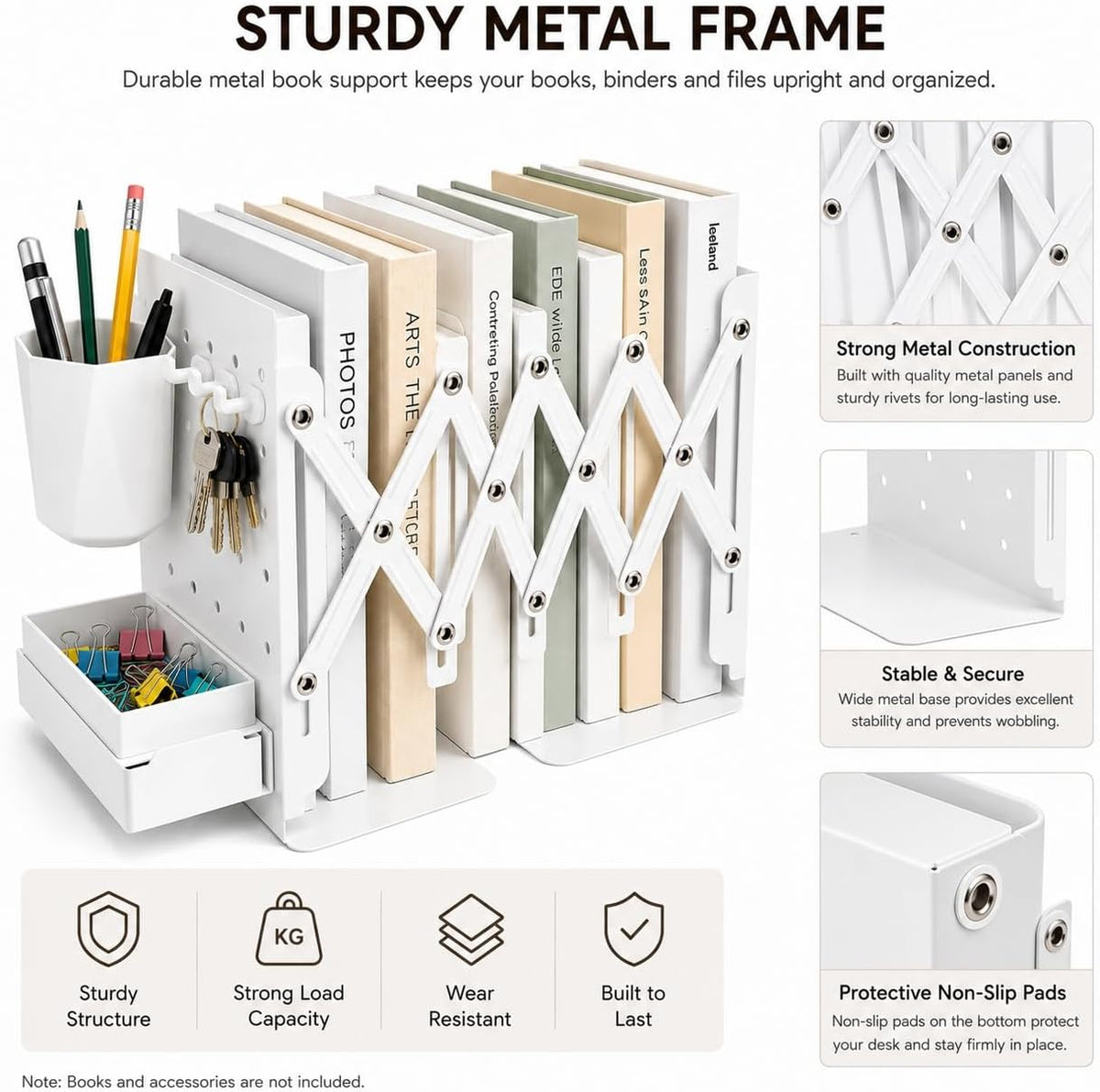 Expandable Metal Bookends Desk Organizer with Pen Holder, Sliding Drawer and Hooks, Adjustable Book End Shelf for Books, Binders, Files, Office, Classroom, Home Desk, White