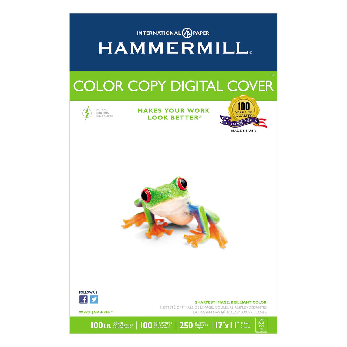 Hammermill Cardstock, Premium Color Copy, 100 lb, 8.5x11 - 1 Pack (250 Sheets) - 100 Bright, Made in the USA Card Stock, 120024R, White
