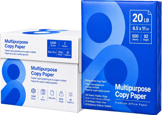 Multipurpose Copy Printer Paper, 20 lb, 8.5 x 11 Inches, 2 Reams (1,000 Sheets), 92 Bright White WD Bundle H888-8 (Packaging May Vary)