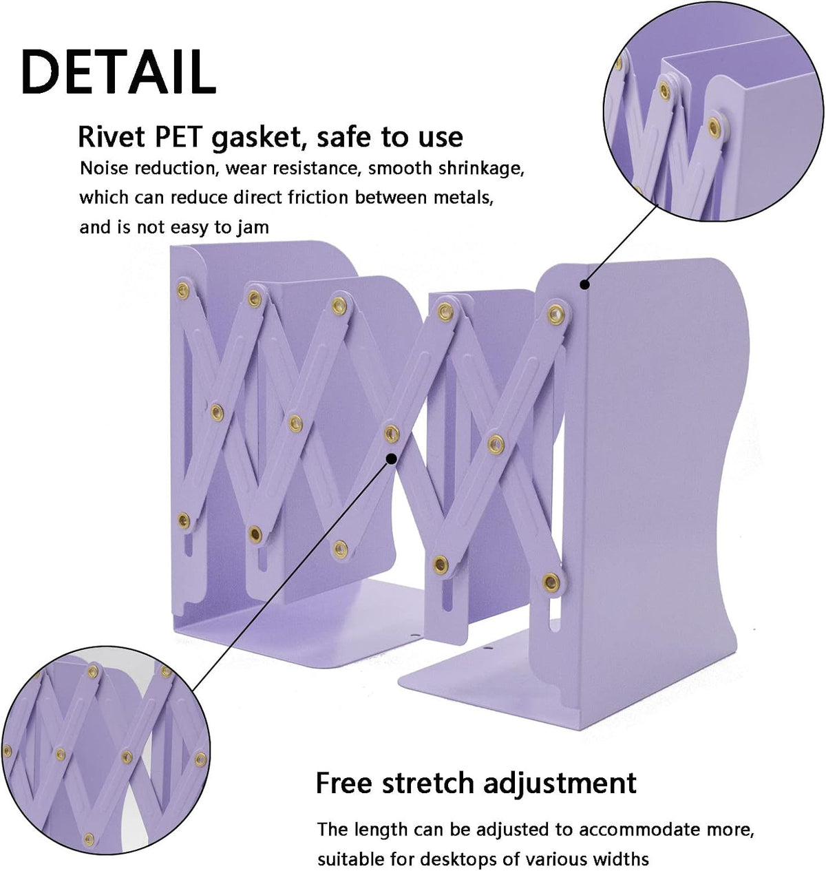 Adjustable Metal Bookends Heavy Duty for Shelves, 2 Dividers, Anti-Slip Design Expandable Book Ends for Desk, Office(Purple, 19 inches Max)