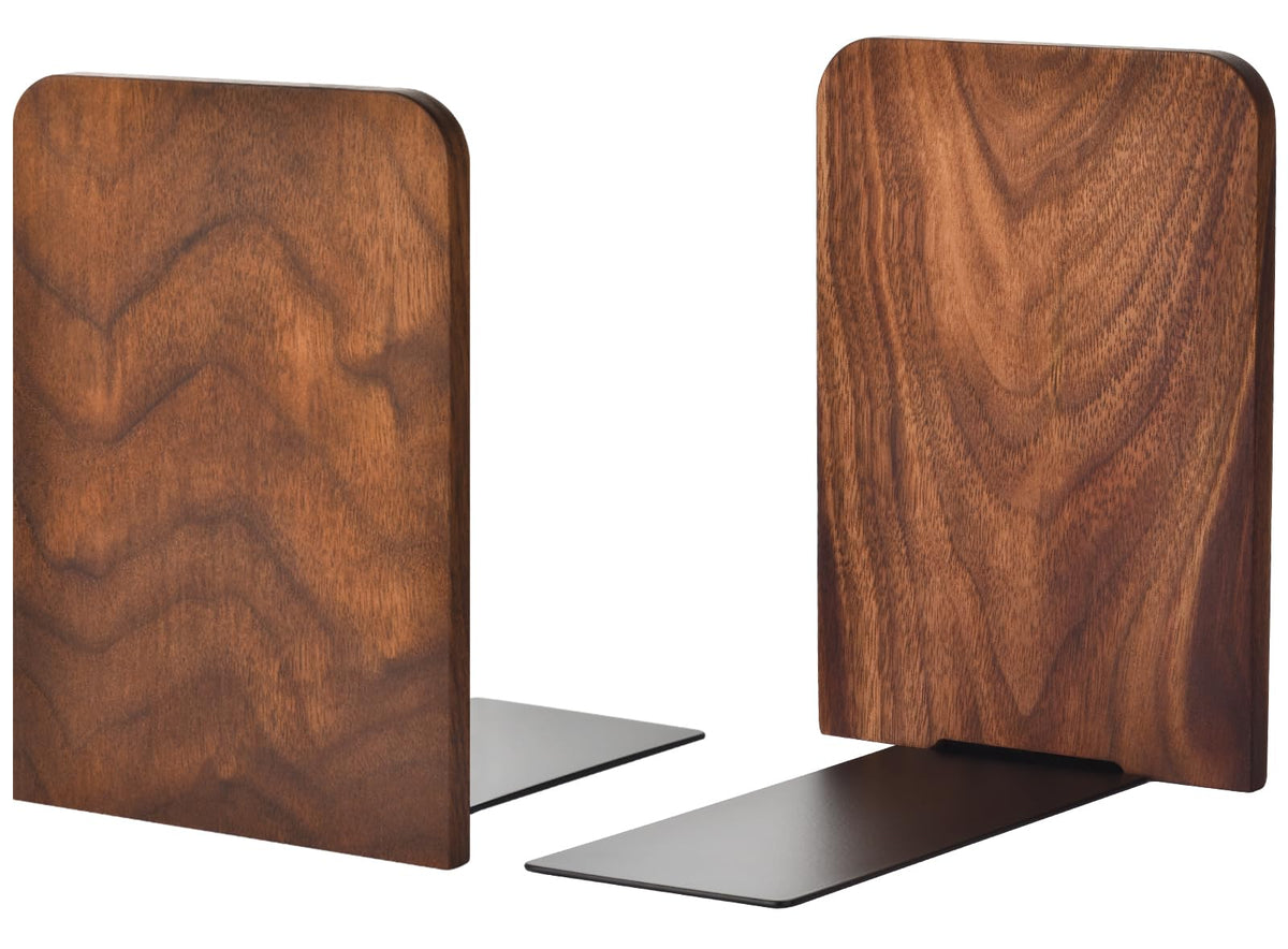 Book Ends, Black Walnut Wooden Bookends for Shelves - Heavy Duty Non-Slip Book Organizers, Upgraded Decorative Bookend Holders for Home, Kitchen, Office, Set of 2, Small