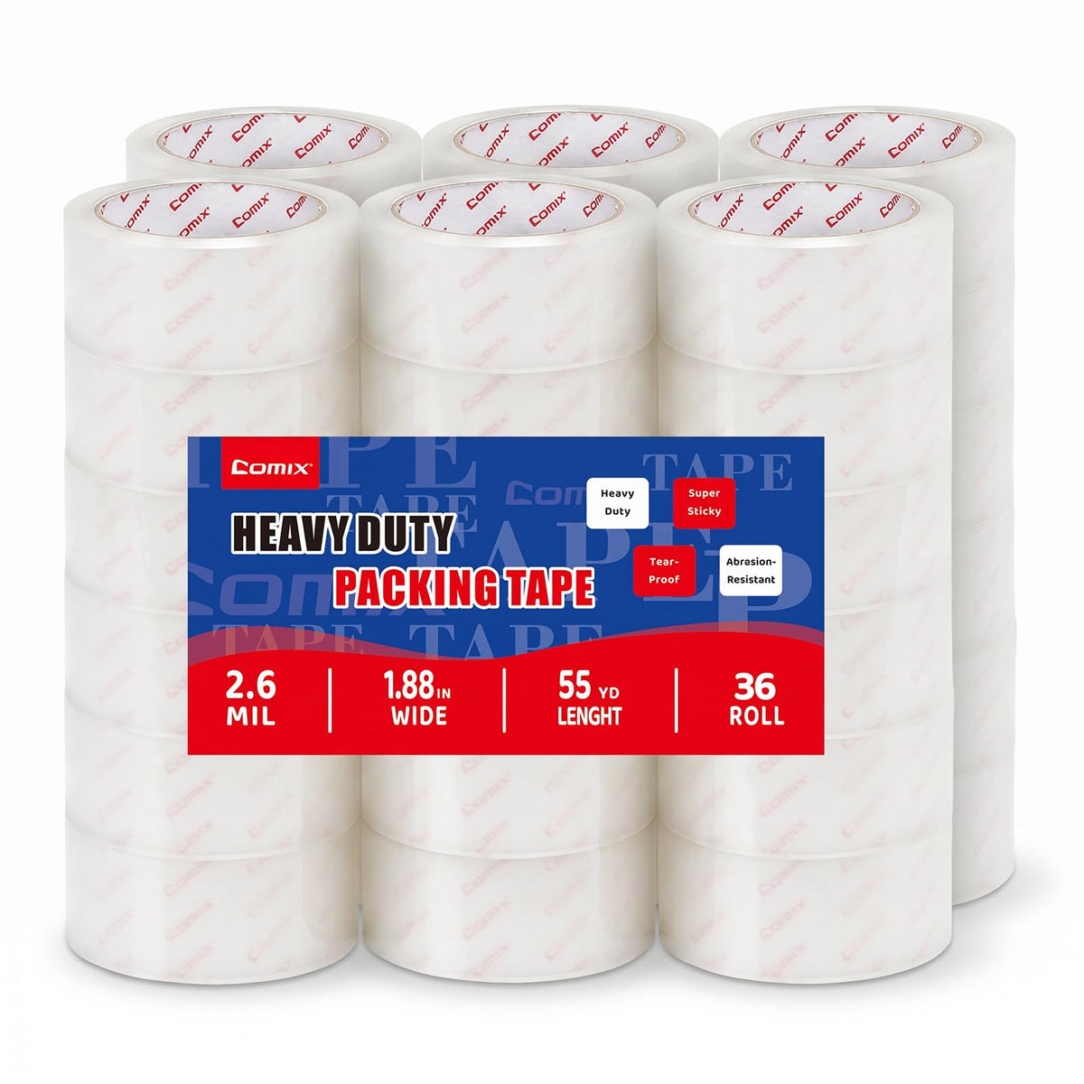 Comix Clear Packing Tape Refills,Heavy Duty,12 Rolls,1.88" x 54.6 yd