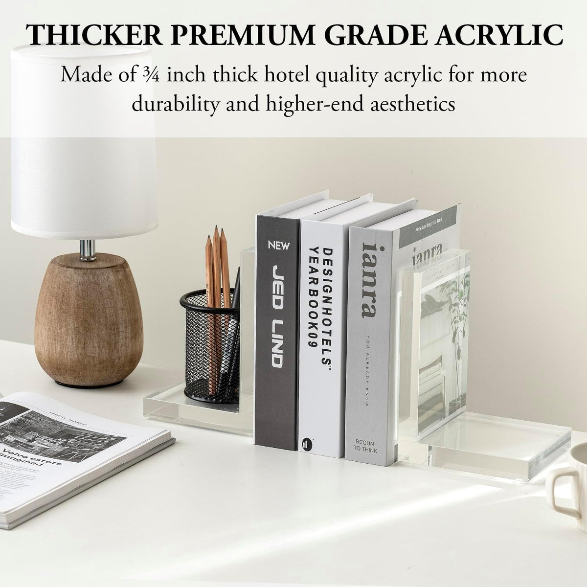 MyGift L-Shaped Decorative Bookends, Transparent Heavy Duty Non-Skid Book Ends Stopper for Shelves Home Office School, 1 Pair, Premium Hotel Style Clear Thick Acrylic