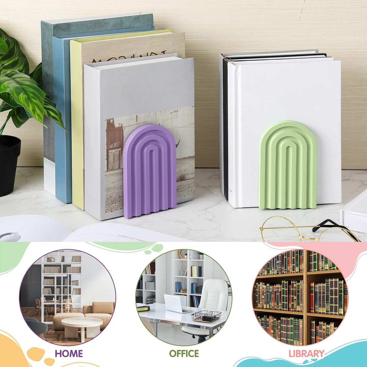 Harloon 4 Pcs Boho Arch Bookends Rainbow Wooden Book Ends, Pastel Color