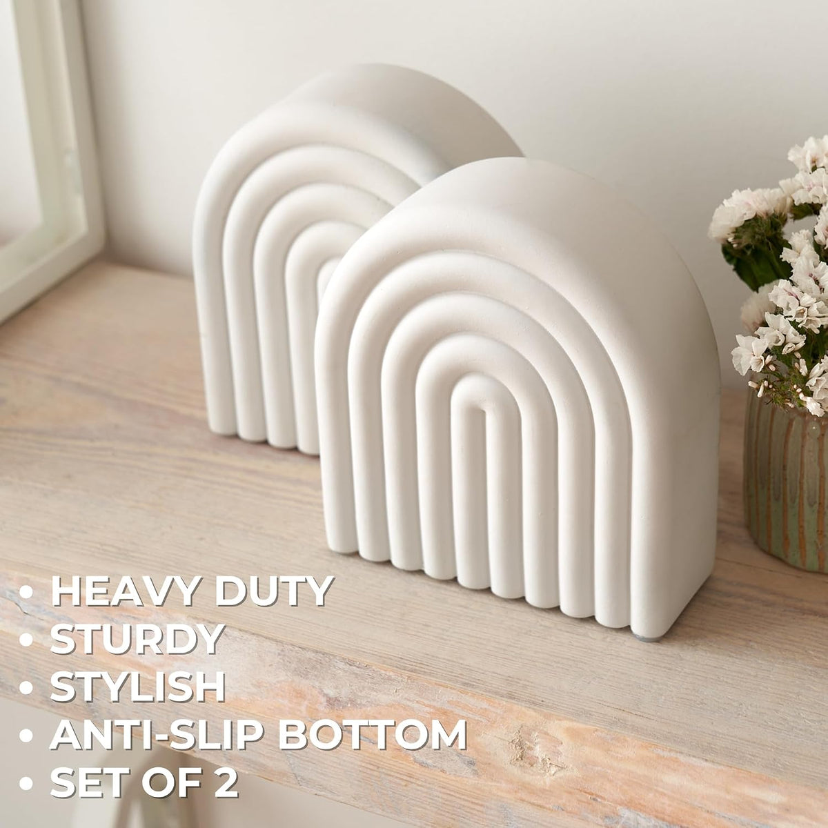 Decorative Concrete Bookends for Heavy Books - Stylish Set of 2, Anti-Slip