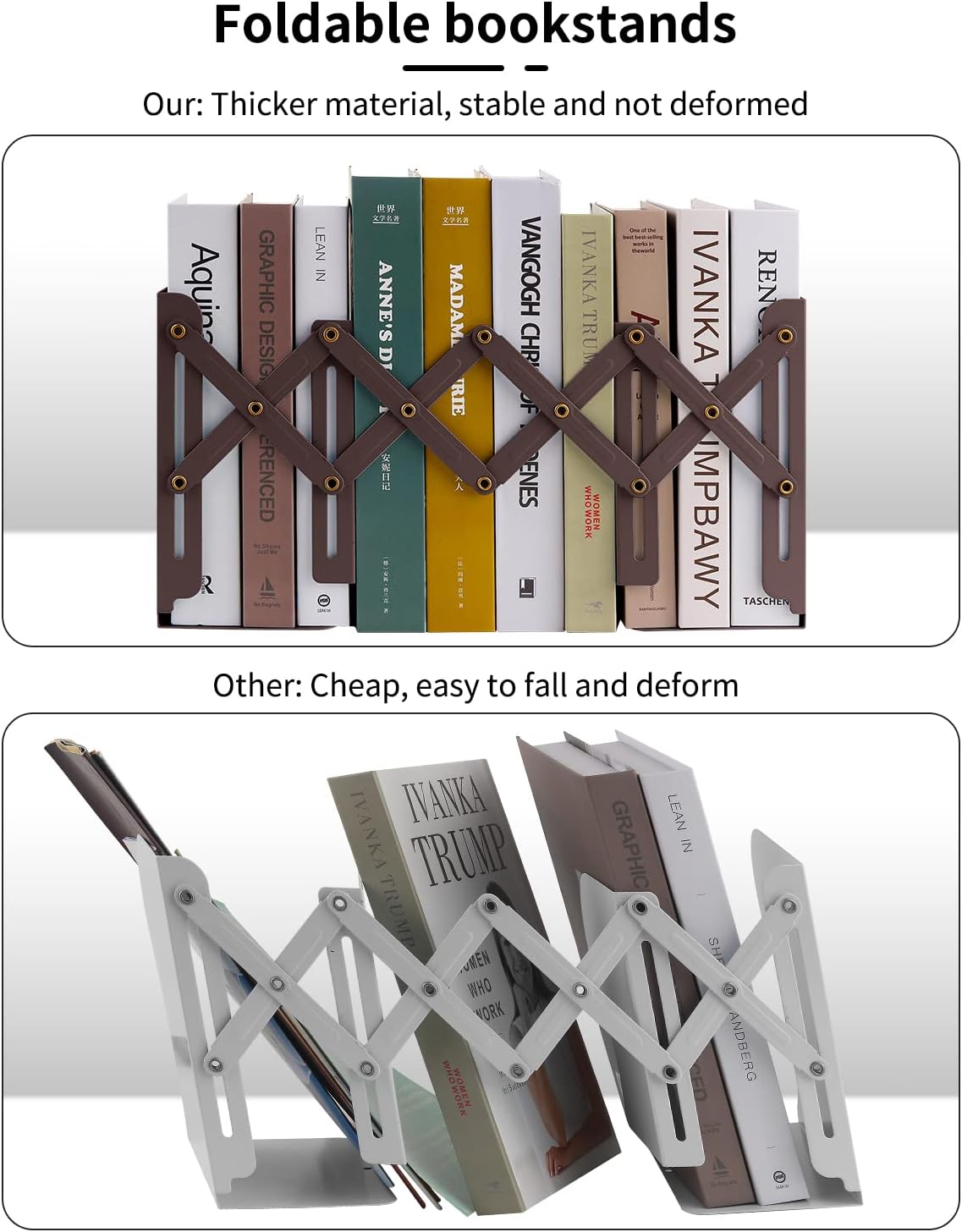 MSDADA Adjustable Bookends, Book Ends for Heavy Books, Expandable Book Organizer for Desk, Shelf, Office, School, for 6 7 8 9 10 11-15 Boys and Girls, Extends up to 19 inches (Brown)