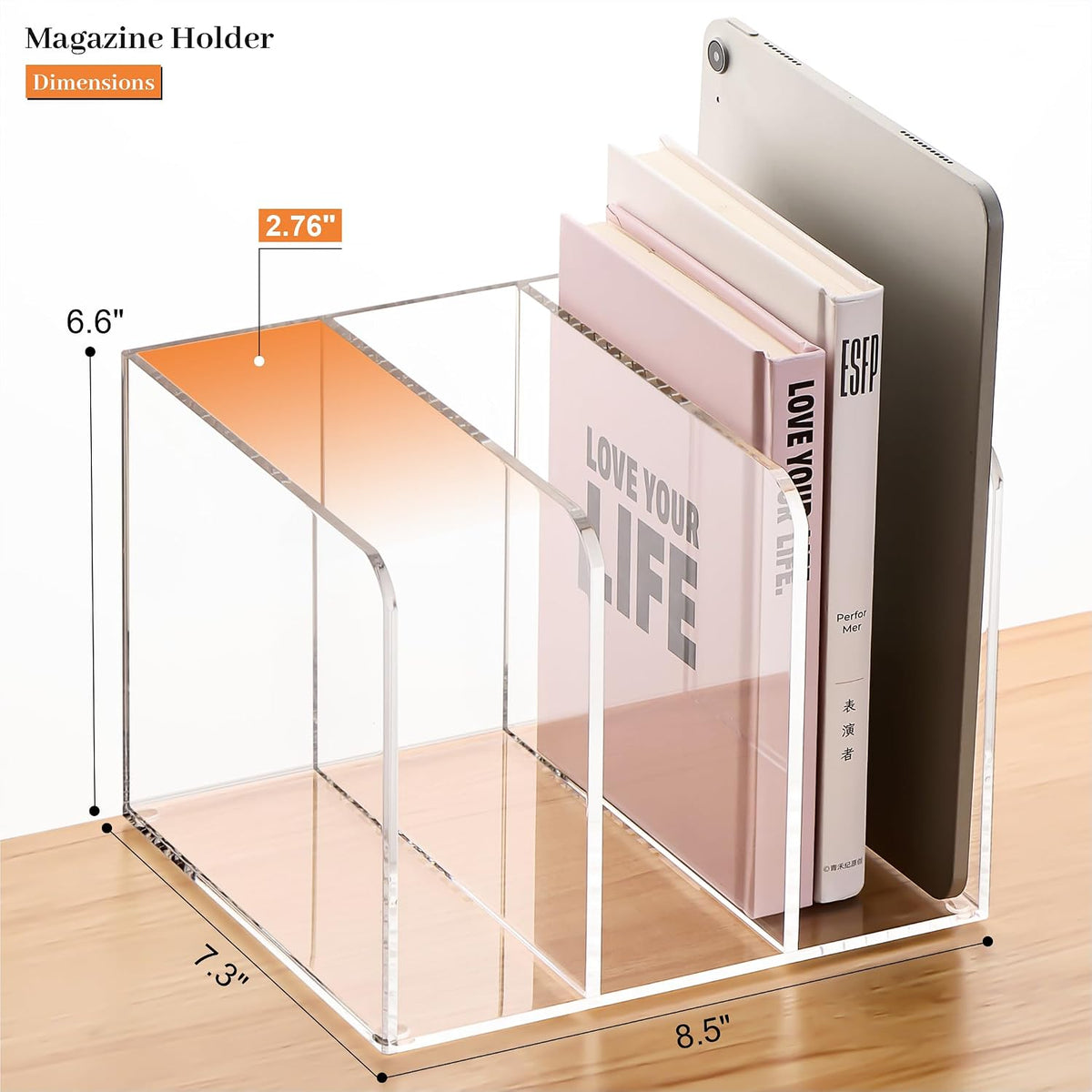 HeZone Acrylic Magazine File Holder 3 Slot Vertical Desk Organizer Clear