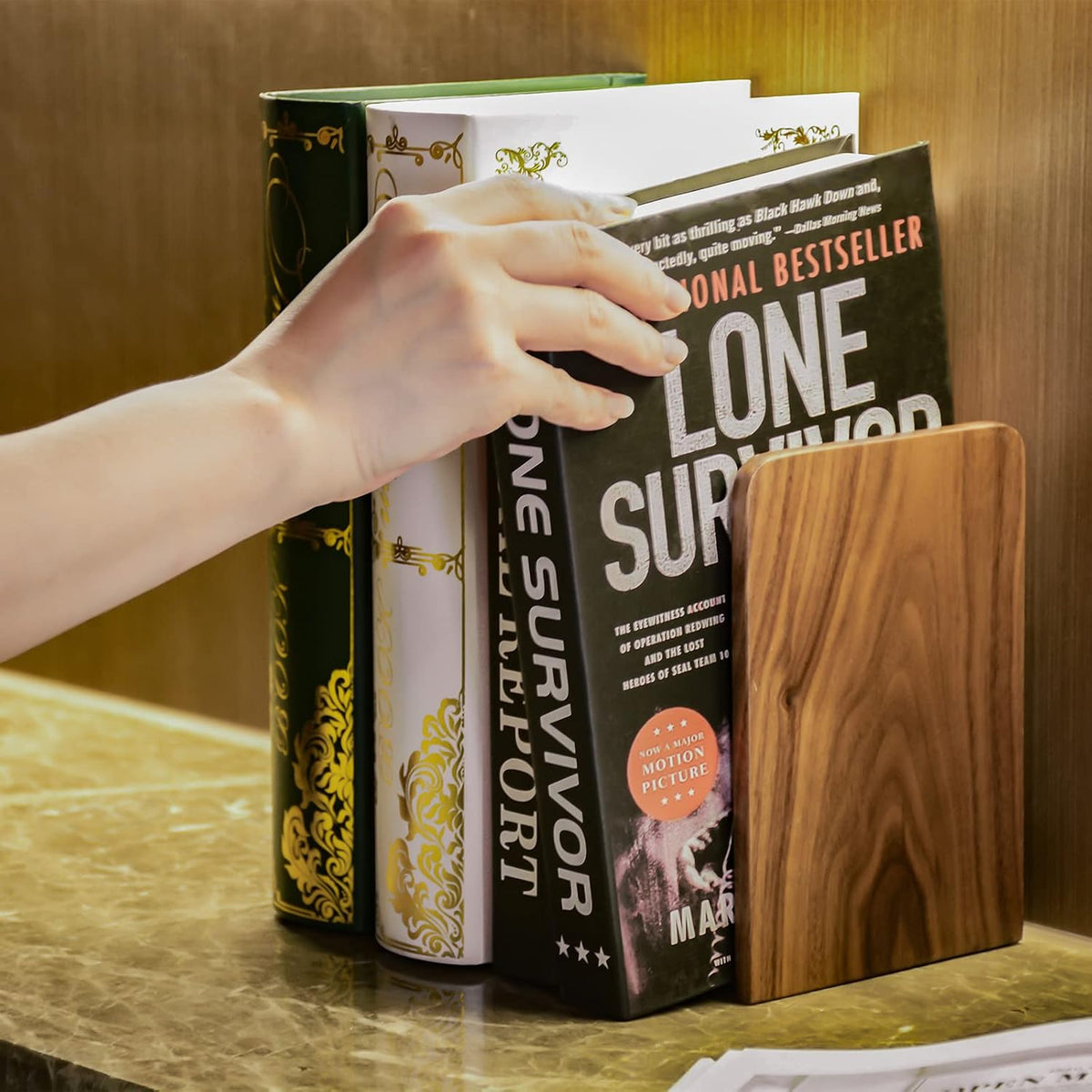 Large Bookend Hold Heavy Books-7x4x5in 2 Pack Non-Skid Wood Bookends Walnut
