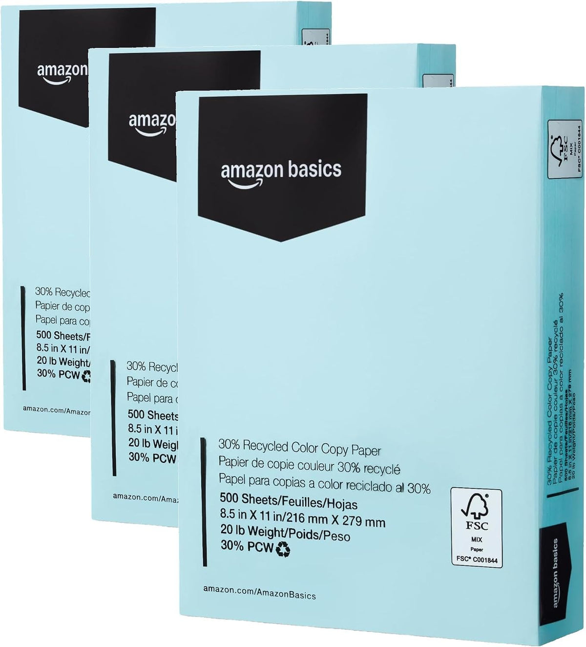 Amazon Basics 30% Recycled Color Copy Paper, 8.5" x 11", 20lb, Pastel Blue, 500 Sheets (Pack of 3)