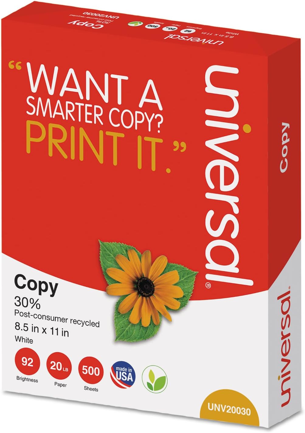 30% Recycled Copy Paper, 92 Brightness, 20lb, 8 1/2 x 11, White, 5000/Carton