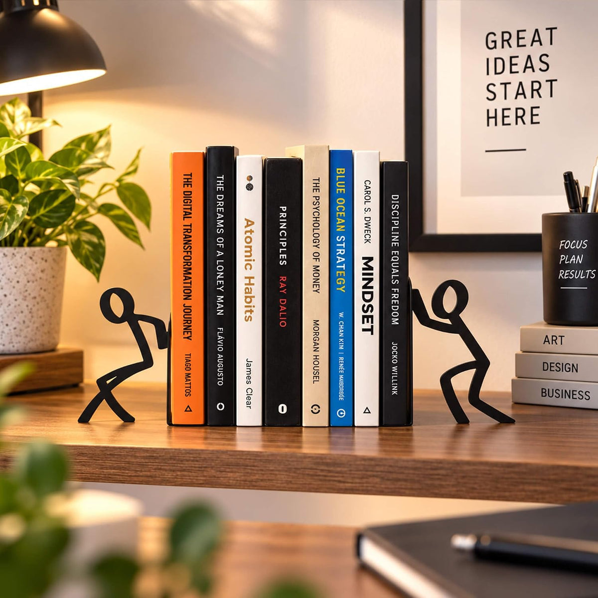 Figurine Bookends with Book-Holding Characters - Steel with Epoxy Coating - Decorative Pair of Book Holders for Shelves, Desk, and Office - Black – Geguton