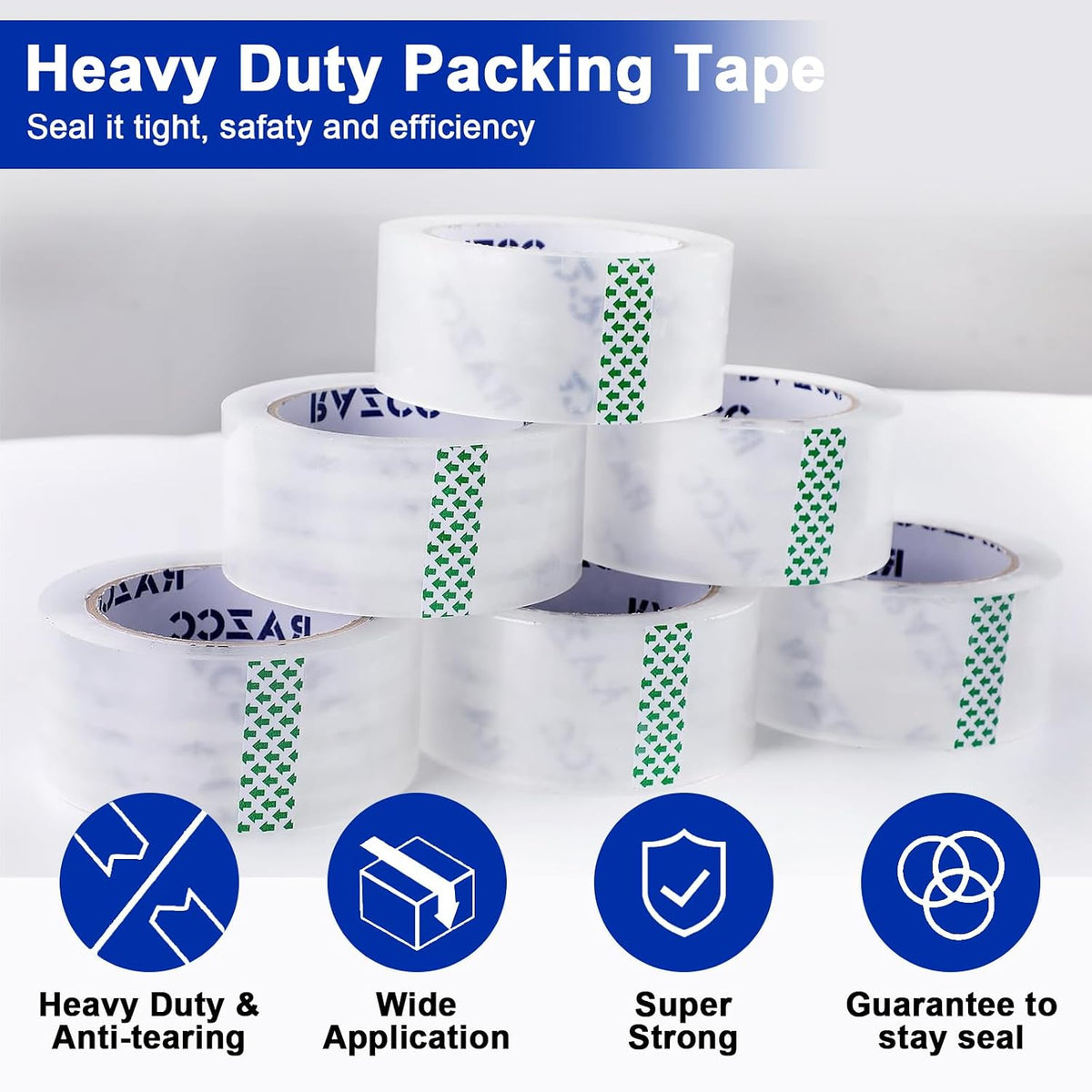 RAZCC Clear Packing Tape, 12 Rolls Heavy Duty Packaging Tape with Dispensers for Packing Shipping Moving and Sealing, Thicker Packing Tape-2" x 65 Yards Per Roll, 780 Total Yards