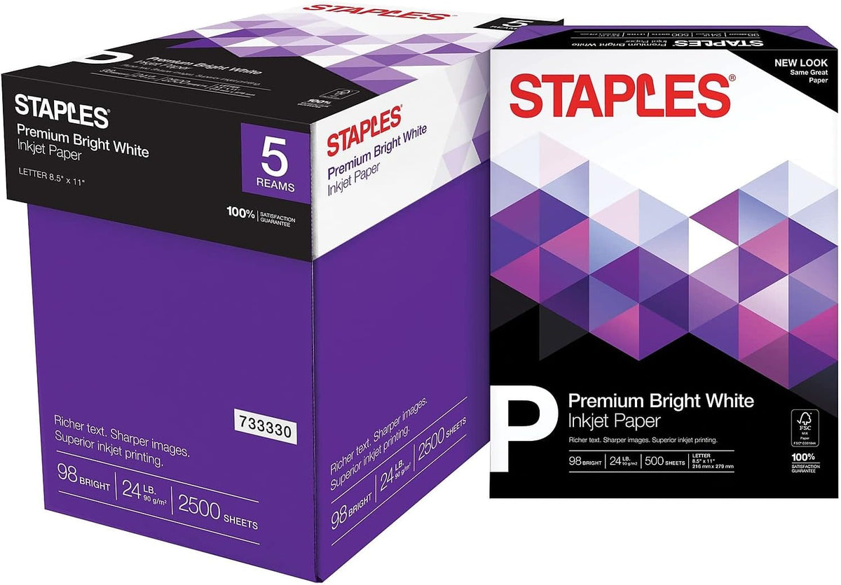 Staples Inkjet Paper, 8.5x11 Inch, 24 lb., 98 Bright, 5 Reams/Carton