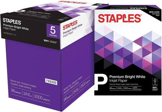 Staples Inkjet Paper, 8.5x11 Inch, 24 lb., 98 Bright, 5 Reams/Carton