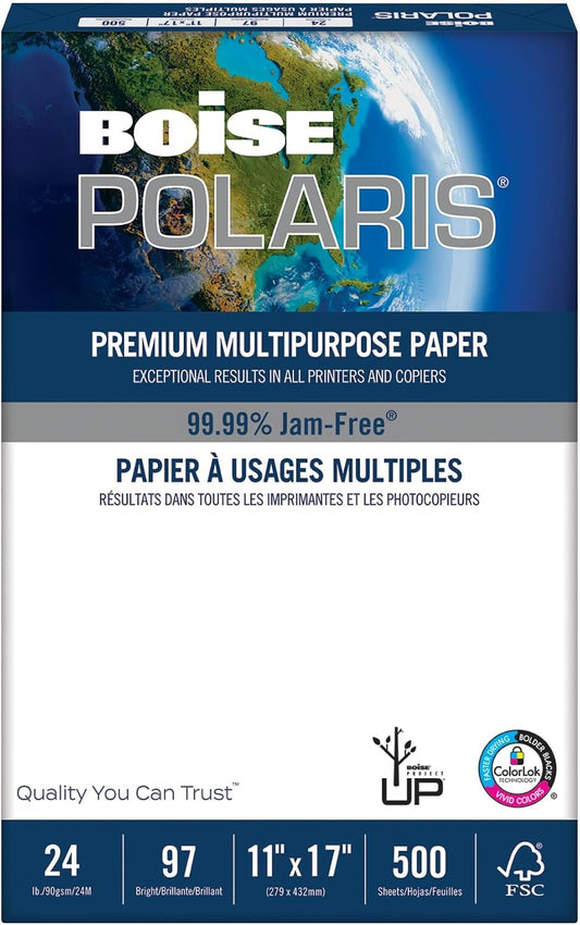 Boise® POLARIS® Premium Multi-Use Printer & Copy Paper, 1 Ream, White, Ledger (11" x 17"), 500 Sheets Per Ream, 24 Lb, 9