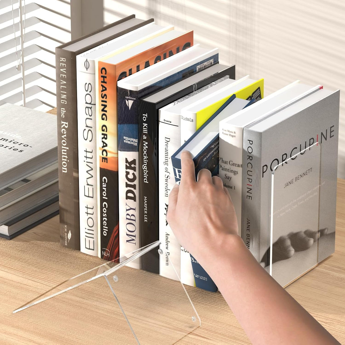 Acrylic Bookends 4 Pcs - Clear, Transparent Book Ends for Shelves, Heavy Duty Book Stoppers, CD, File, Video Games Holder Stand