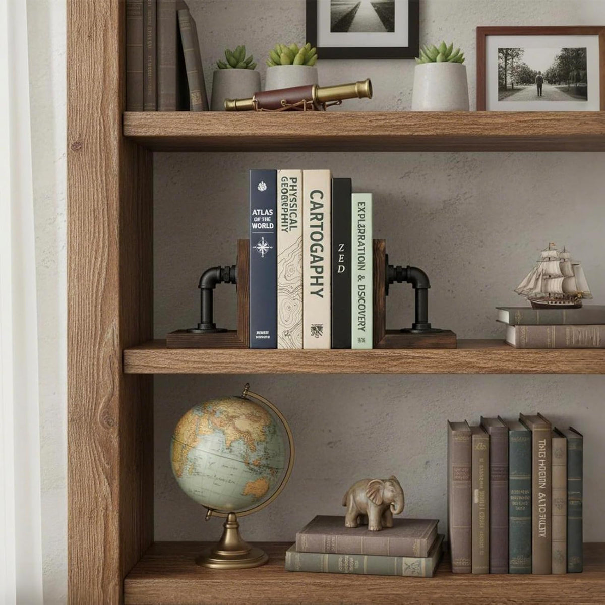 MyGift Burnt Wood Bookends with Metal Industrial Pipe Design, 2 Piece Set