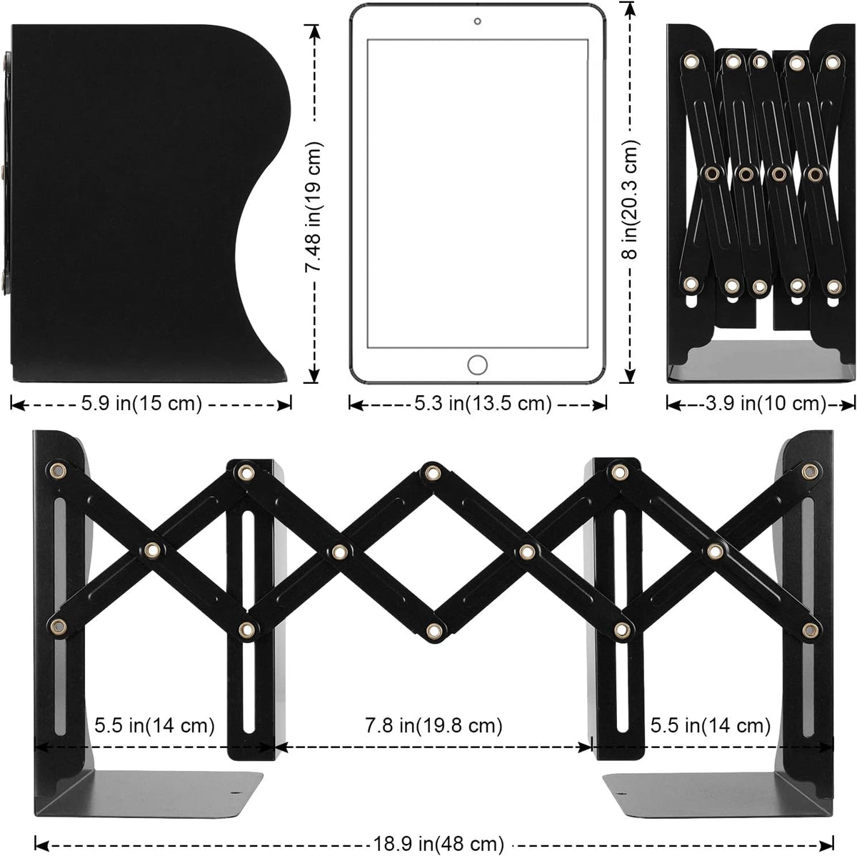 2 Pack Adjustable Metal Book Ends for Heavy Books, Extends Up to 19", Black