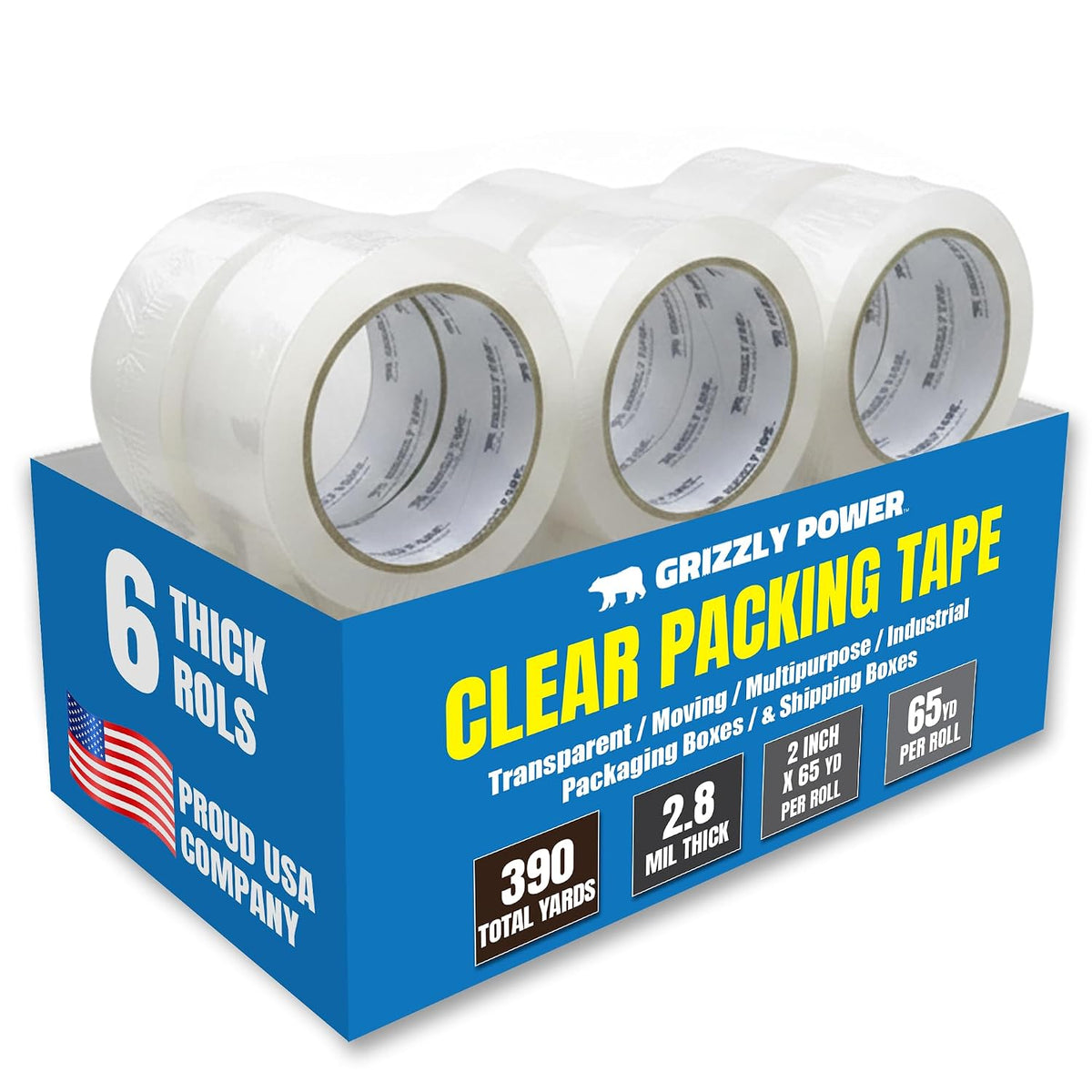 Grizzly Power Clear Packing Tape (6 Rolls) | Heavy Duty Packing Tape (2 Inch x 65 Yards) | 2.8mil Thick Strong Adhesive for Moving Boxes, Shipping Cartons, Office Use, Storage & Wrapping (390 Yards)